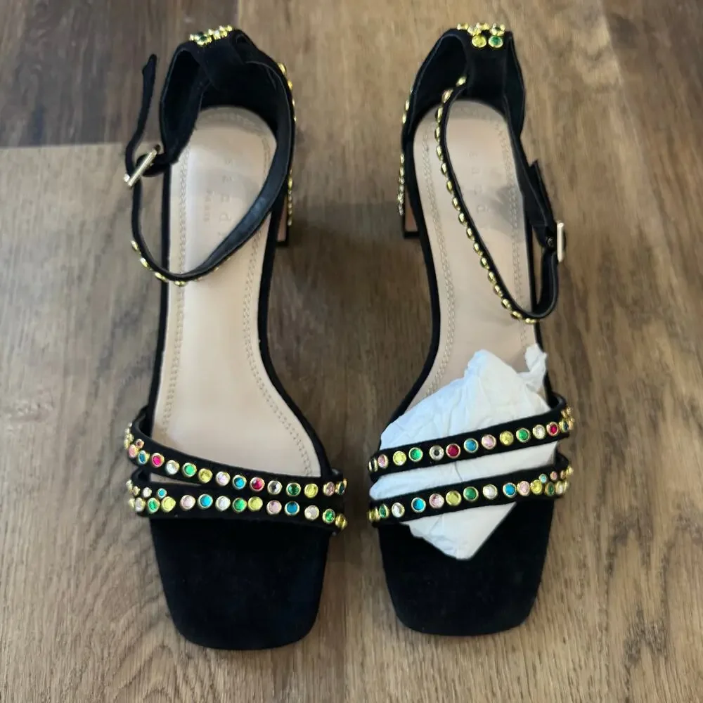 Sandro Jaden Crystal-Embellished Suede Heeled Sandals in Black - Picture 2 of 9